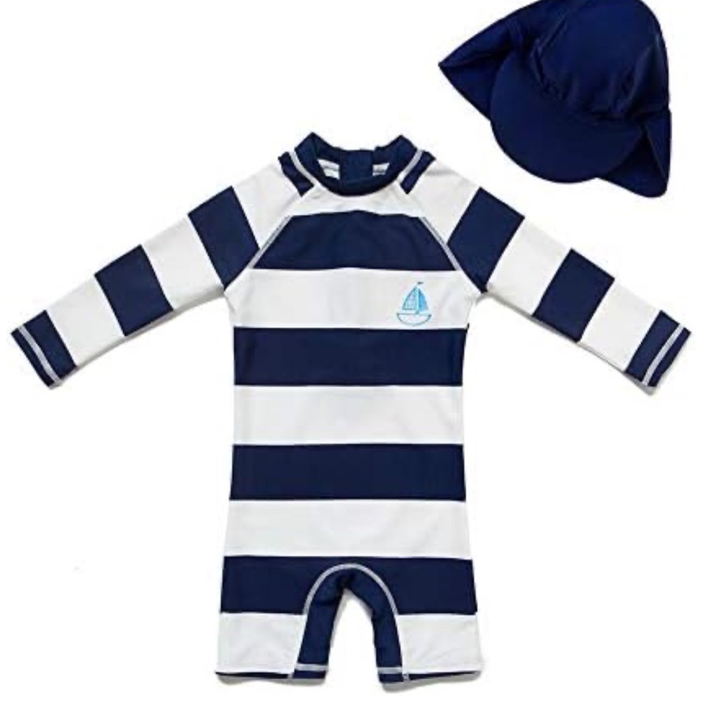 NWT upandfast Baby/Toddler One Piece Zip Sunsuits with Sun Hat UPF 50. 6-9 mos